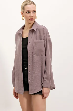 20153 Tek Cepli Oversize Keten Gömlek - Koyu Lila