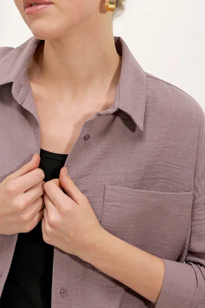 20153 Tek Cepli Oversize Keten Gömlek - Koyu Lila