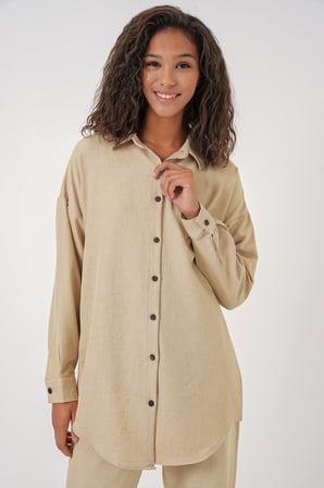 Kadın Bej Oversize Keten Alt Üst Takım 6622
