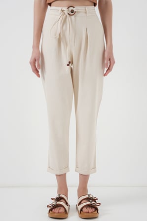 6660 Kemerli Keten Pantolon - Krem
