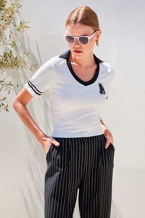 4320 Polo Yaka Basic Triko Bluz - Beyaz