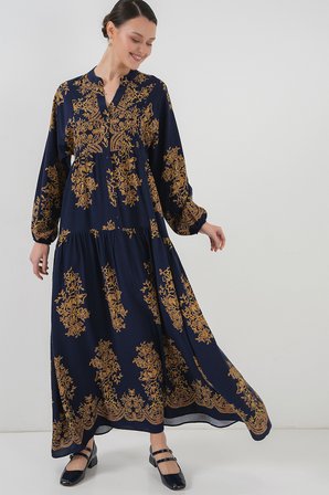 Lacivert Gold Desenli Tesettür Elbise 2423