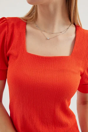0409 Kare Yaka Örme Bluz - Oranje