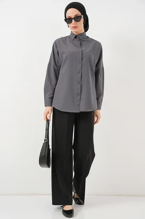 103901 Oversize Basic Tesettür Gömlek - Gri