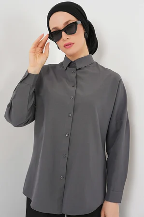 103901 Oversize Basic Tesettür Gömlek - Gri
