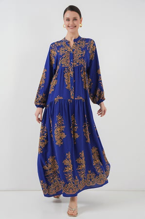 Saks Gold Desenli Tesettür Elbise 2423
