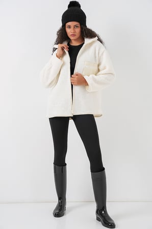 55446 Fermuarlı Oversize Peluş Mont - Bej