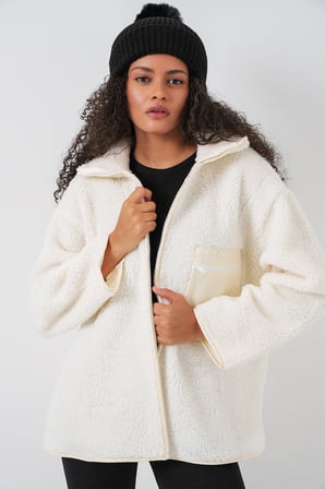 55446 Fermuarlı Oversize Peluş Mont - Bej