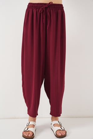 6591 Dokuma Şalvar Pantolon - Bordo