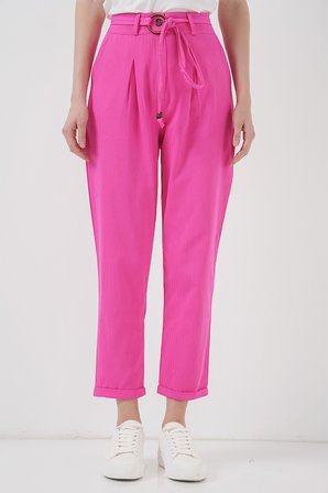 6660 Kemerli Keten Pantolon - Fuşya
