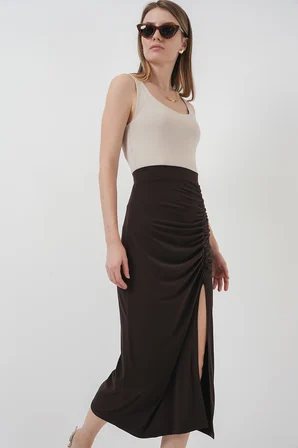 8033 Sandy Yırtmaçlı Etek - Kahverengi
