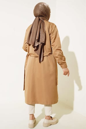 T5853 Kruvaze Yaka Tesettür Trençkot - Taba