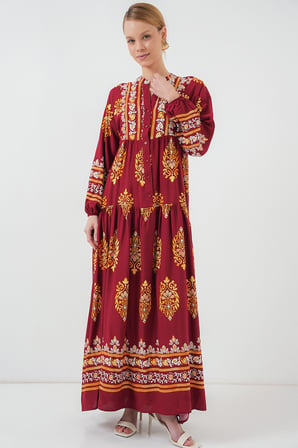 2423 Otantik Desenli Tesettür Elbise - E. Bordo