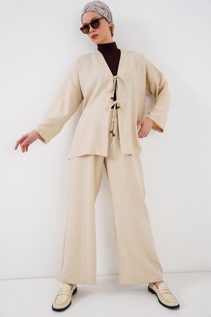 Kadın Keten Kimono İkili Takım 6727 - Krem