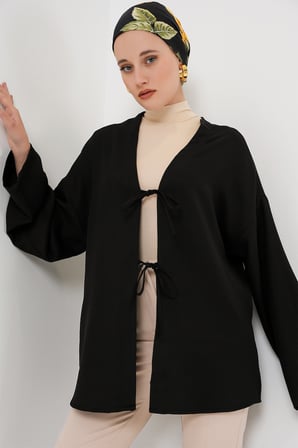 Keten Tesettür Kimono 5968 - Siyah