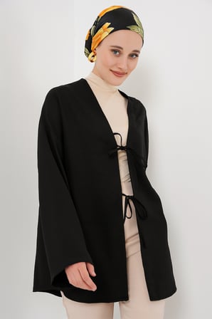 Keten Tesettür Kimono 5968 - Siyah