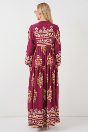 2423 Otantik Desenli Tesettür Elbise - Z.Bordo