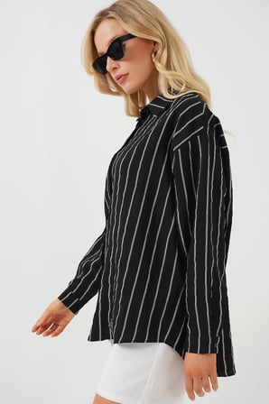Kadın Çizgili Oversize Gömlek 20293 - Siyah