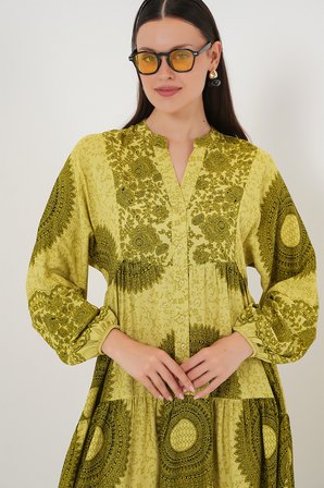 2423 Otantik Desenli Tesettür Elbise - Yağ Yeşili 2