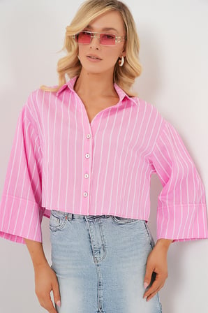 Kadın Çizgili Oversize Kısa Gömlek 20326 - Pembe