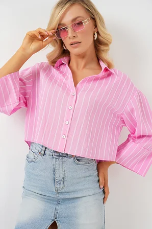 Kadın Çizgili Oversize Kısa Gömlek 20326 - Pembe