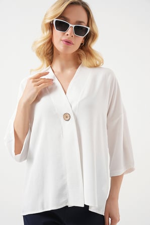 Kadın Kısa Kol Oversize Kimono 5969 - Beyaz