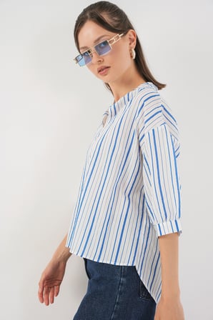 Kadın Çizgili Oversize Bluz 967 - Mavi