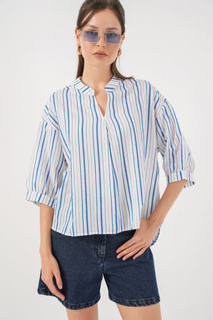 Kadın Çizgili Oversize Bluz 967 - Mavi
