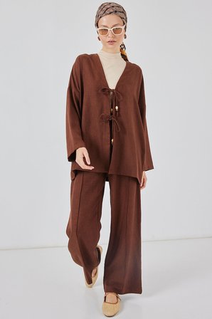 Kadın Keten Kimono İkili Takım 6727 - Kahverengi