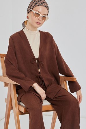 Kadın Keten Kimono İkili Takım 6727 - Kahverengi