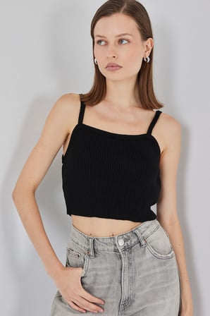 Kadın Askılı Crop Top Bluz 15934 - Siyah