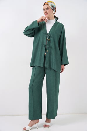 Kadın Keten Kimono İkili Takım 6727 - Zümrüt Yeşili