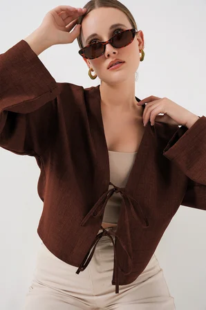 Önü Bağlamalı Keten Kimono 960 - Kahverengi