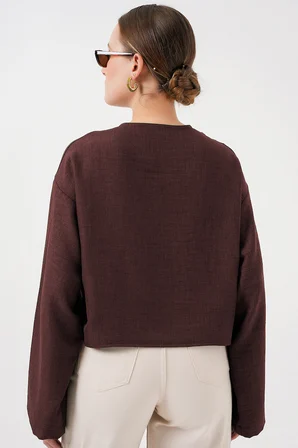 Önü Bağlamalı Keten Kimono 960 - Kahverengi