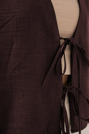 Önü Bağlamalı Keten Kimono 960 - Kahverengi