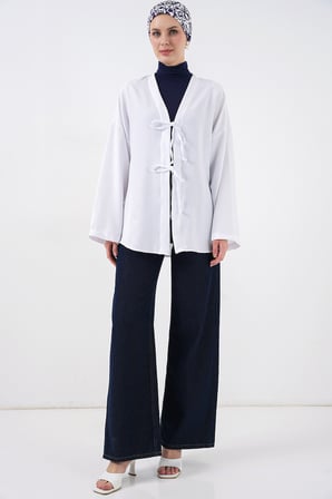 Keten Tesettür Kimono 5968 - Beyaz