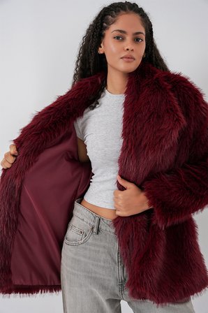 Kadın Kemerli Oversize Kürklü Kaban 9156 - Bordo