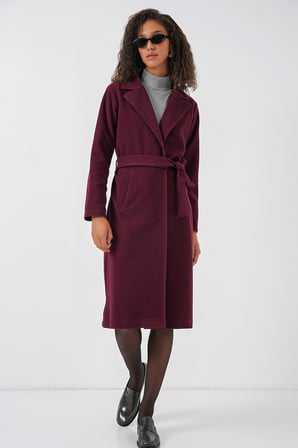 9118 Kruvaze Yaka Kaşe Kaban - Bordo