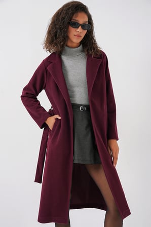 9118 Kruvaze Yaka Kaşe Kaban - Bordo