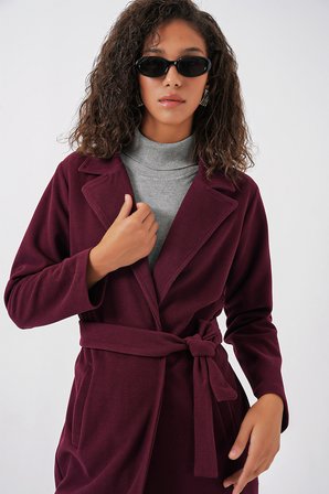 9118 Kruvaze Yaka Kaşe Kaban - Bordo