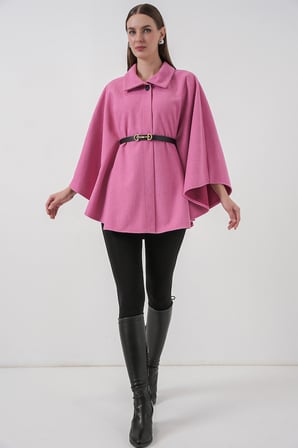 Kadın Kemerli Kaşe Panço 9170 - Pembe