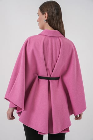 Kadın Kemerli Kaşe Panço 9170 - Pembe