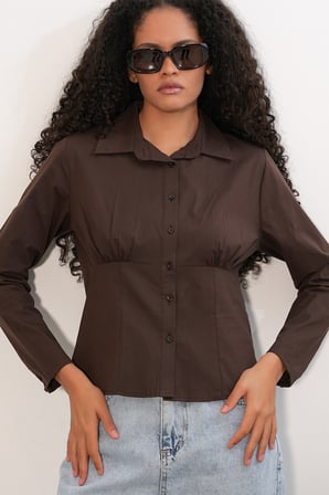 20231 Slim Fit Poplin Gömlek - Kahverengi