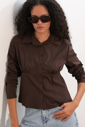 20231 Slim Fit Poplin Gömlek - Kahverengi