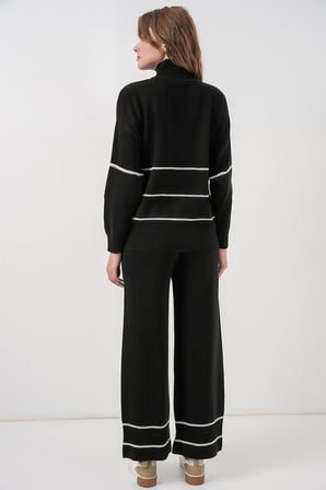 Kadın Çizgili Oversize Triko İkili Takım 15957 - Siyah