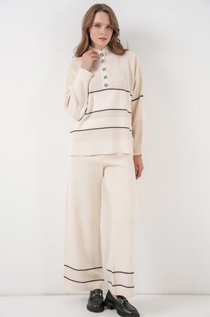 Kadın Çizgili Oversize Triko İkili Takım 15957 - Ekru