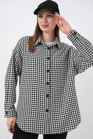 Kadın Kazayağı Desen Oversize Gömlek 3854 - Siyah - Beyaz