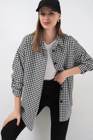 Kadın Kazayağı Desen Oversize Gömlek 3854 - Siyah - Beyaz