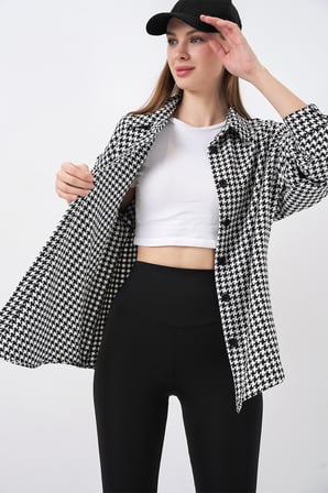 Kadın Kazayağı Desen Oversize Gömlek 3854 - Siyah - Beyaz