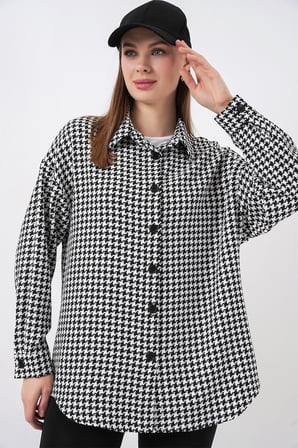 Kadın Kazayağı Desen Oversize Gömlek 3854 - Siyah - Beyaz
